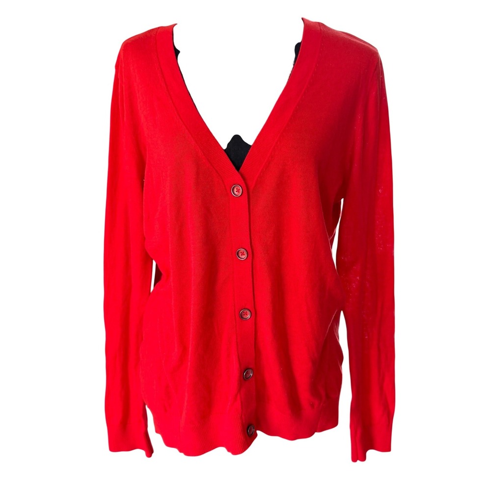 Cabi Red Deep V Neck Button Front Cardigan Back Zipper Sweater Womens Small